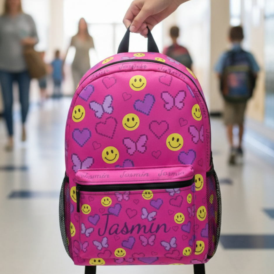 Personalized Colorful Smiley Butterfly Backpack – Cute Kids School Bag with Y2K 90’s Nostalgia Vibes