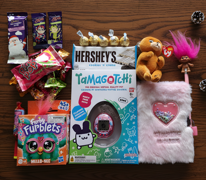 90s Nostalgia Christmas Gift Box with Retro Toys Y2K 2000s Throwback Childhood Memories Tamagotchi