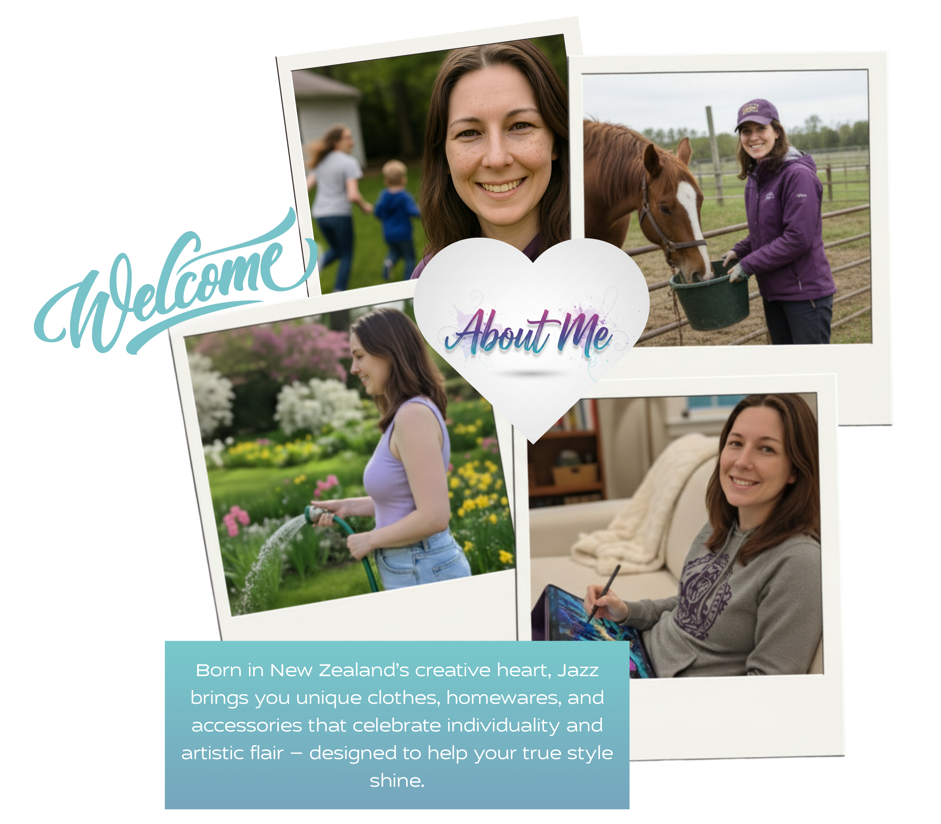 Collage of a woman in various settings with text overlay on a white background